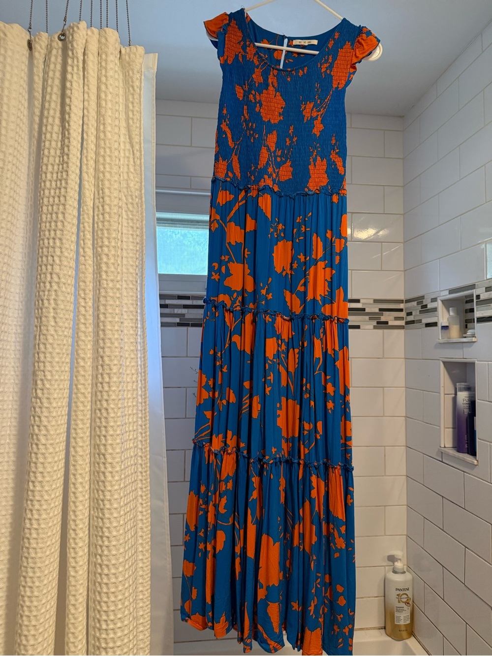Smocked Blue Maxi Dress with Orange Floral Print